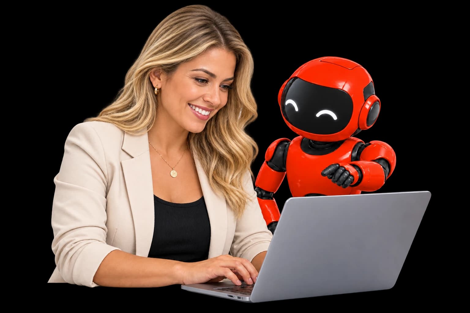 Empresária usando o notebook ao lado de um robô vermelho